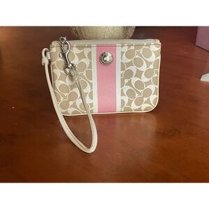 Coach Signature Heritage Stripe Wristlet Khaki Pink White Coated Canvas Bag